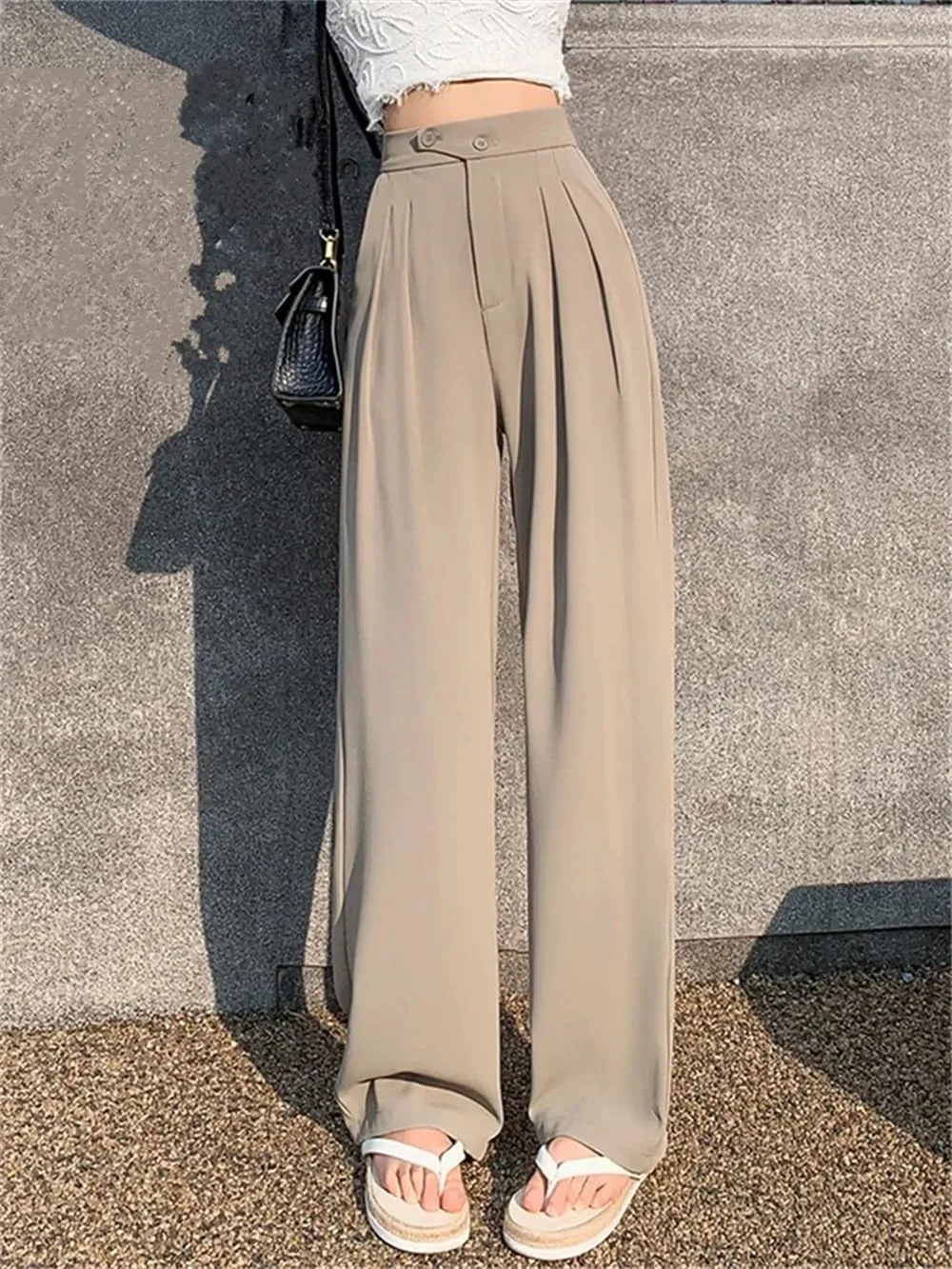 Women's High Waist Wide Leg Full Pants Summer Button Down Straight Loose Suit Trousers