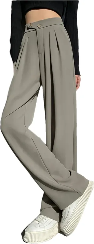 Women's High Waist Wide Leg Full Pants Summer Button Down Straight Loose Suit Trousers