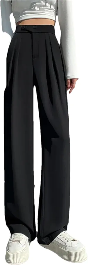 Women's High Waist Wide Leg Full Pants Summer Button Down Straight Loose Suit Trousers