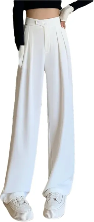 Women's High Waist Wide Leg Full Pants Summer Button Down Straight Loose Suit Trousers