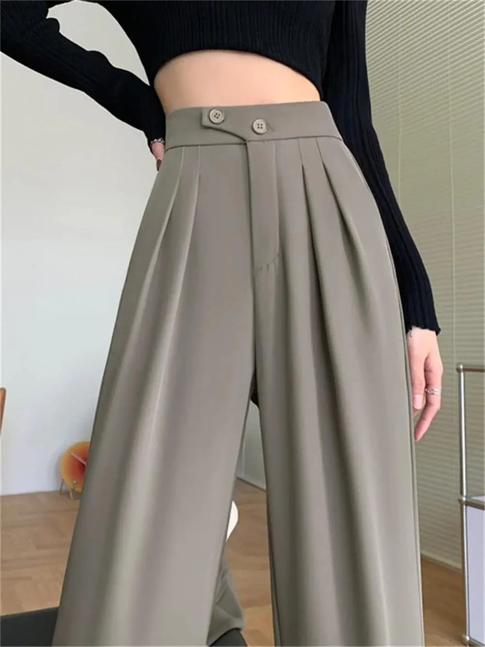 Women's High Waist Wide Leg Full Pants Summer Button Down Straight Loose Suit Trousers