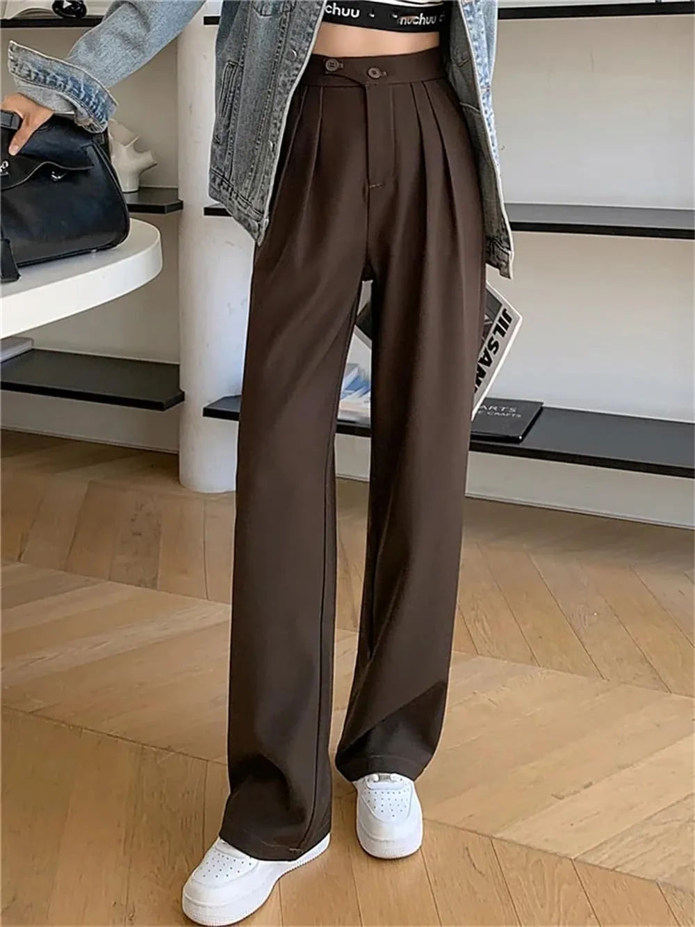 Women's High Waist Wide Leg Full Pants Summer Button Down Straight Loose Suit Trousers
