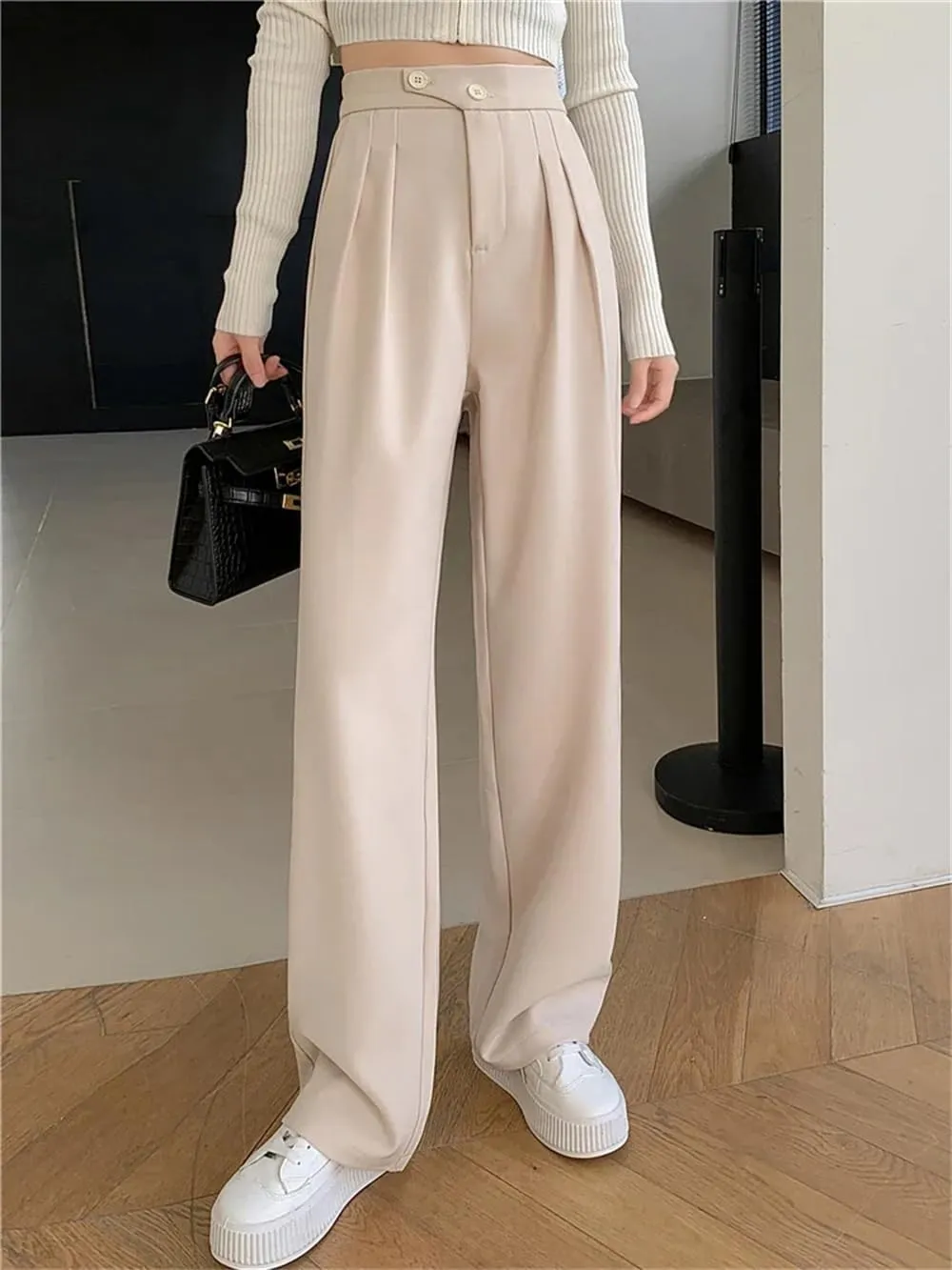 Women's High Waist Wide Leg Full Pants Summer Button Down Straight Loose Suit Trousers