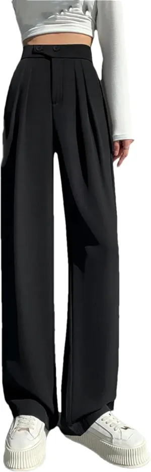 Women's High Waist Wide Leg Full Pants Summer Button Down Straight Loose Suit Trousers