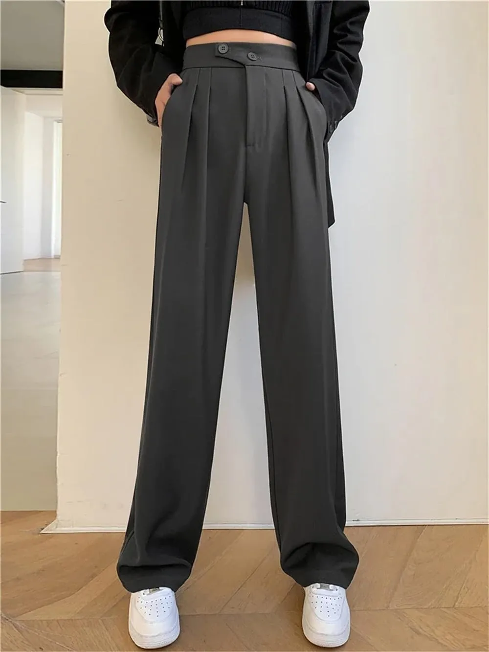 Women's High Waist Wide Leg Full Pants Summer Button Down Straight Loose Suit Trousers