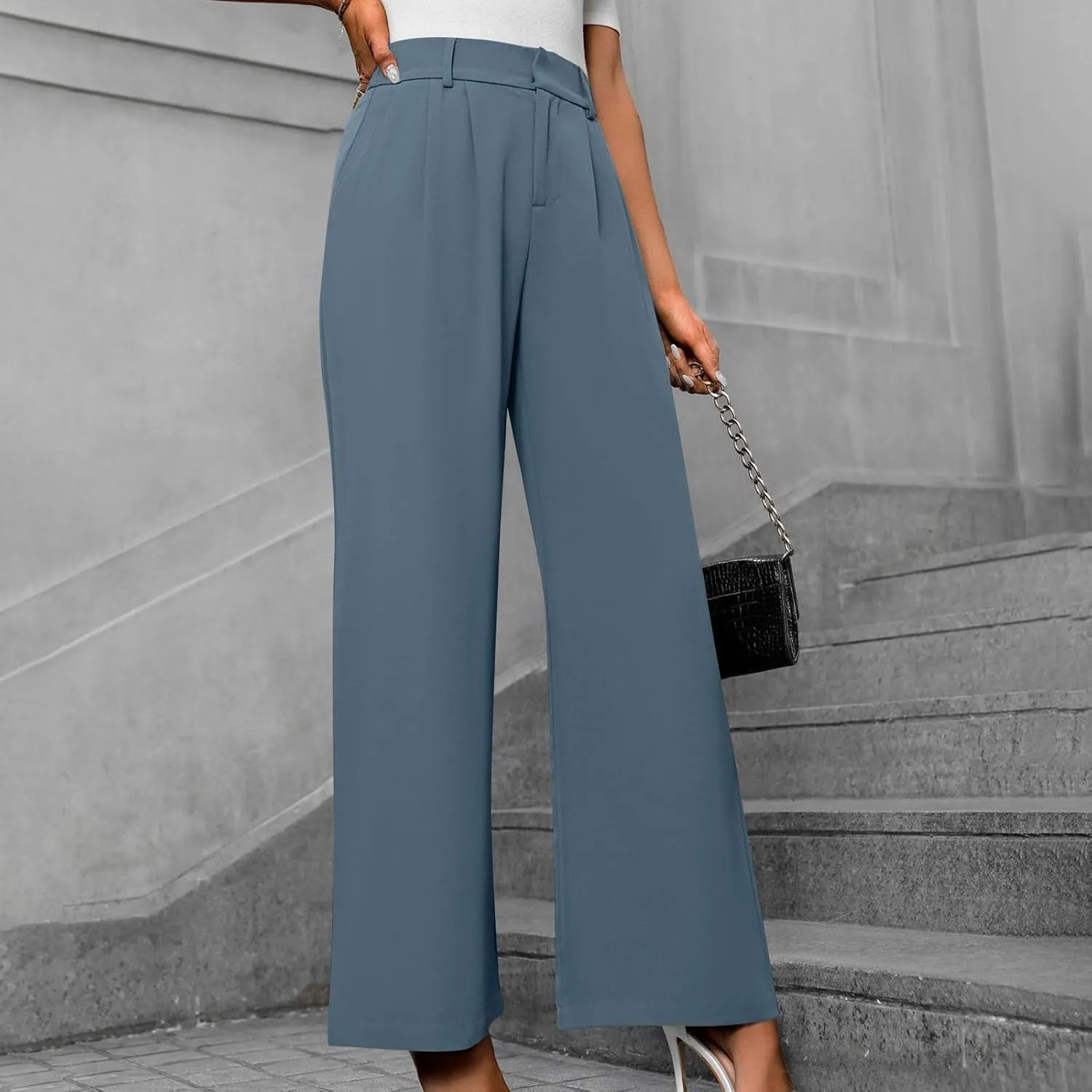Women's High Waisted Dressy Pants Solid Color Business Casual Work Straight Leg Pants Comfort Palazzo Suit Trousers