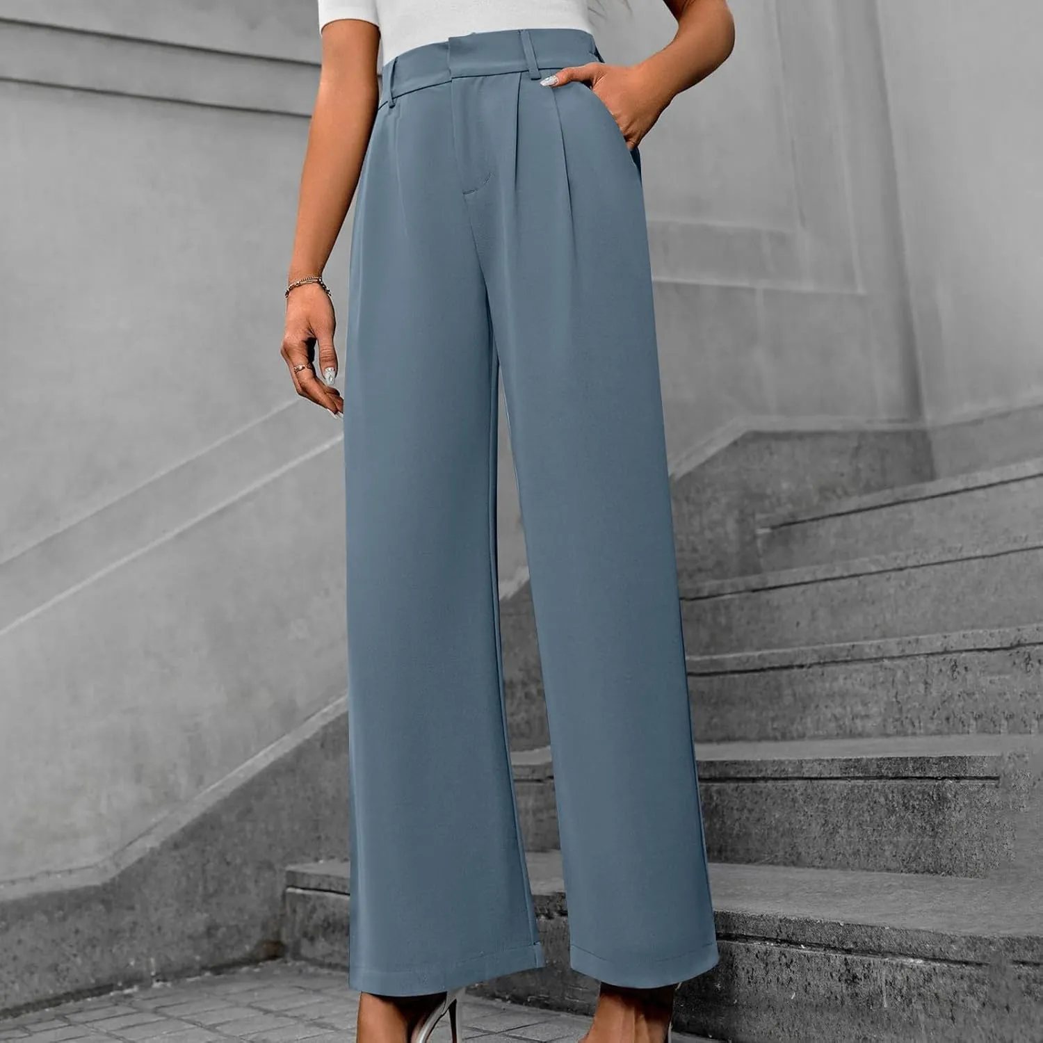 Women's High Waisted Dressy Pants Solid Color Business Casual Work Straight Leg Pants Comfort Palazzo Suit Trousers