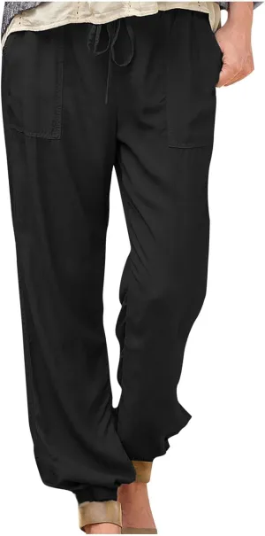 Women's Linen Casual Pants Drawstring Elastic Waist Straight Leg Loose Cinch Bottom Trousers Sweatpants with Pockets