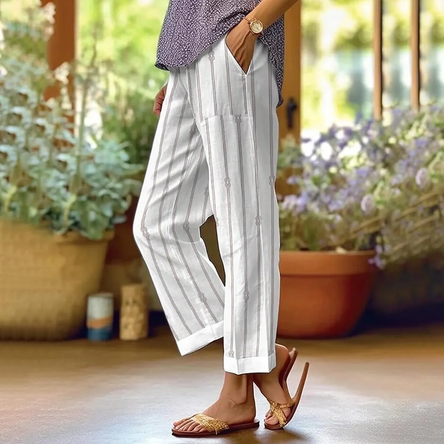 Womens Linen Pants Elastic Waist Boho Floral Pants Straight Casual Loose Summer Beach Baggy Trousers with Pockets