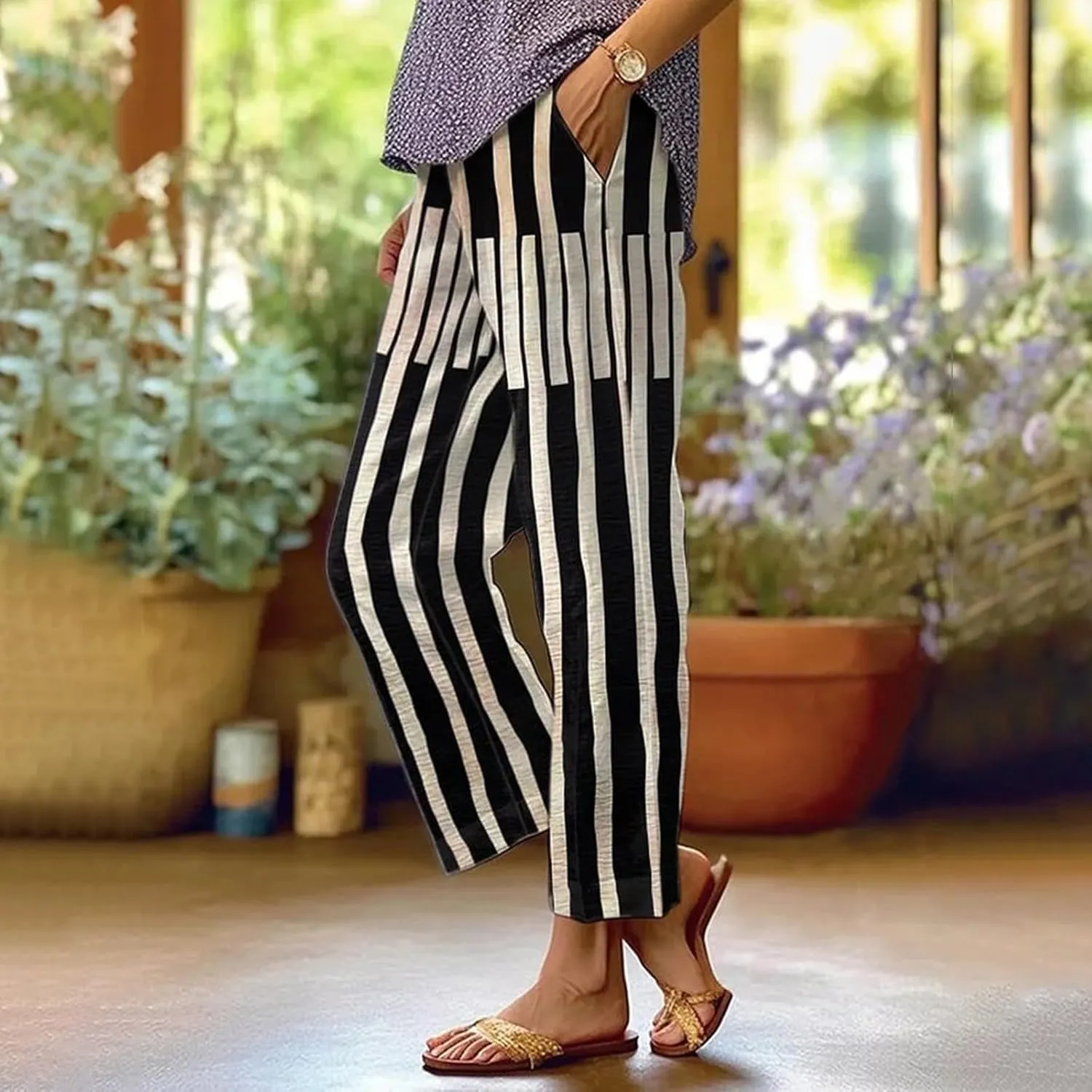 Womens Linen Pants Elastic Waist Boho Floral Pants Straight Casual Loose Summer Beach Baggy Trousers with Pockets