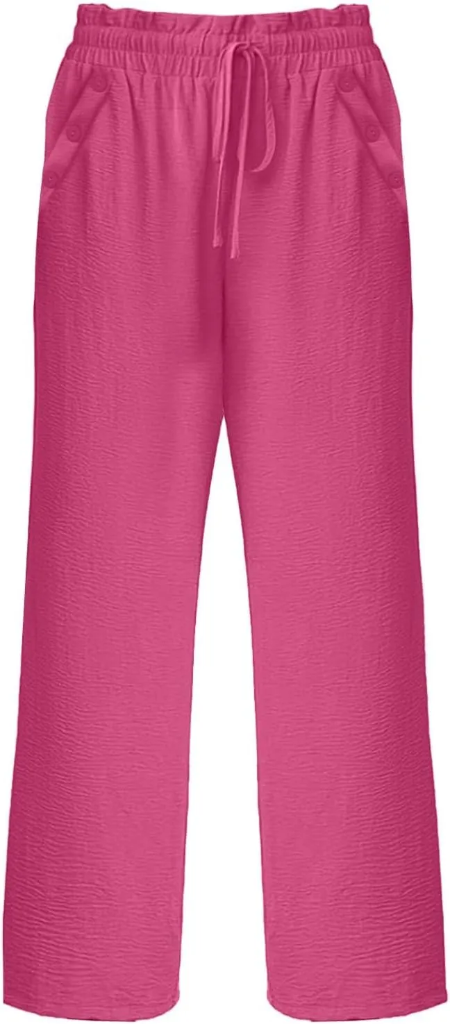 Womens Linen Pants Soild Color High Waisted Straight Wide Leg Drawstring Casual Loose Trousers with Pockets