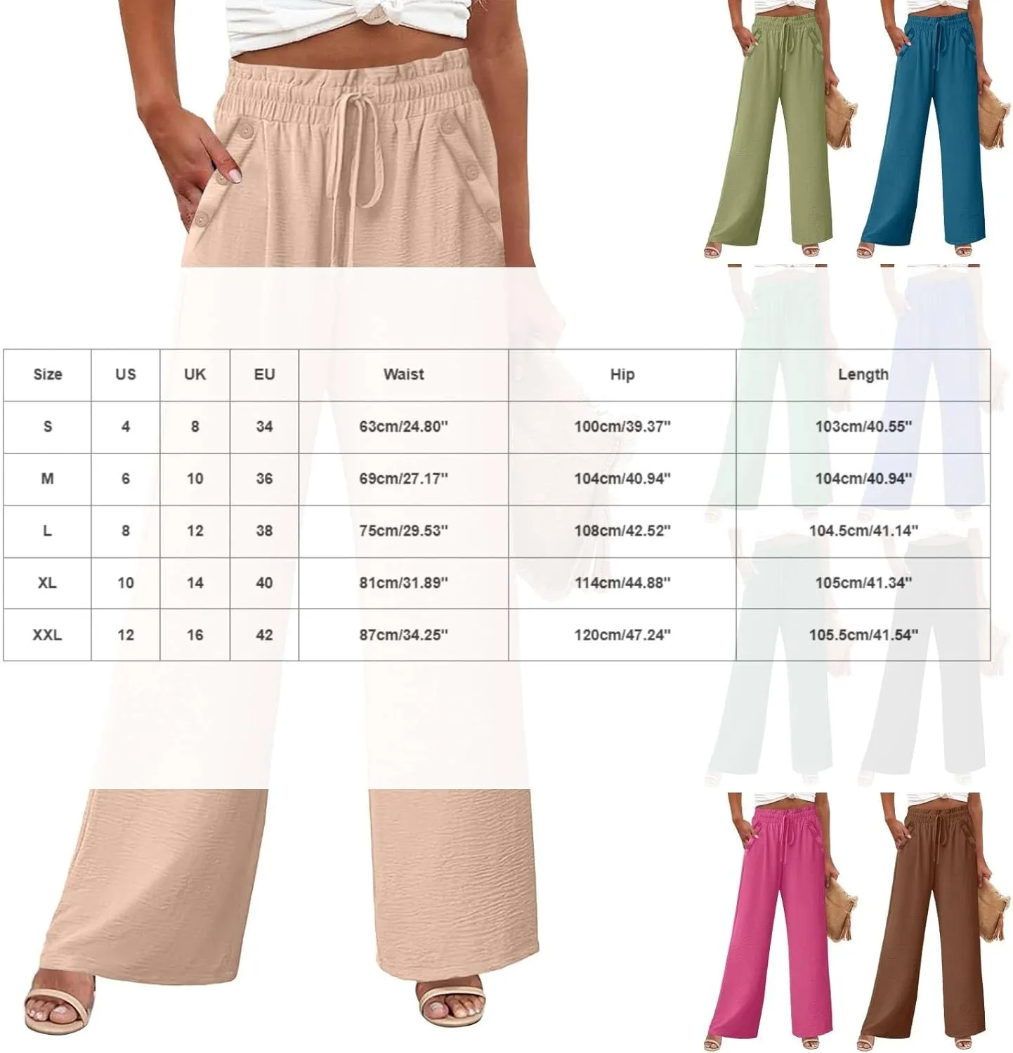 Womens Linen Pants Soild Color High Waisted Straight Wide Leg Drawstring Casual Loose Trousers with Pockets