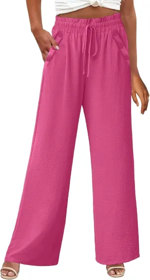 Womens Linen Pants Soild Color High Waisted Straight Wide Leg Drawstring Casual Loose Trousers with Pockets