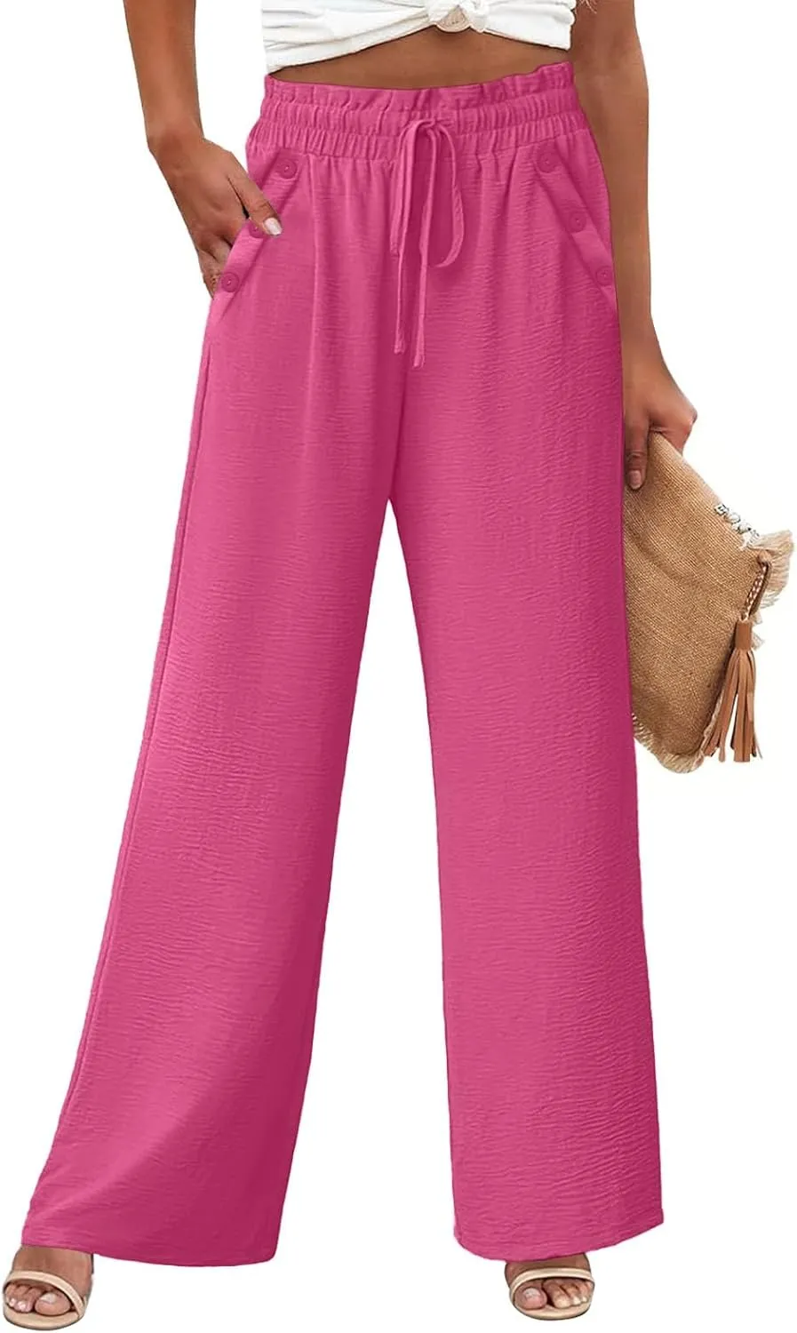 Womens Linen Pants Soild Color High Waisted Straight Wide Leg Drawstring Casual Loose Trousers with Pockets