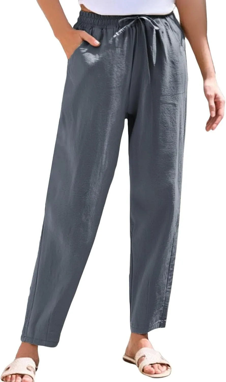 Womens Linen Pants Straight Leg Trousers 2025 Summer Casual Elastic Drawstring Pant Cotton Beach Lounge with Pocket