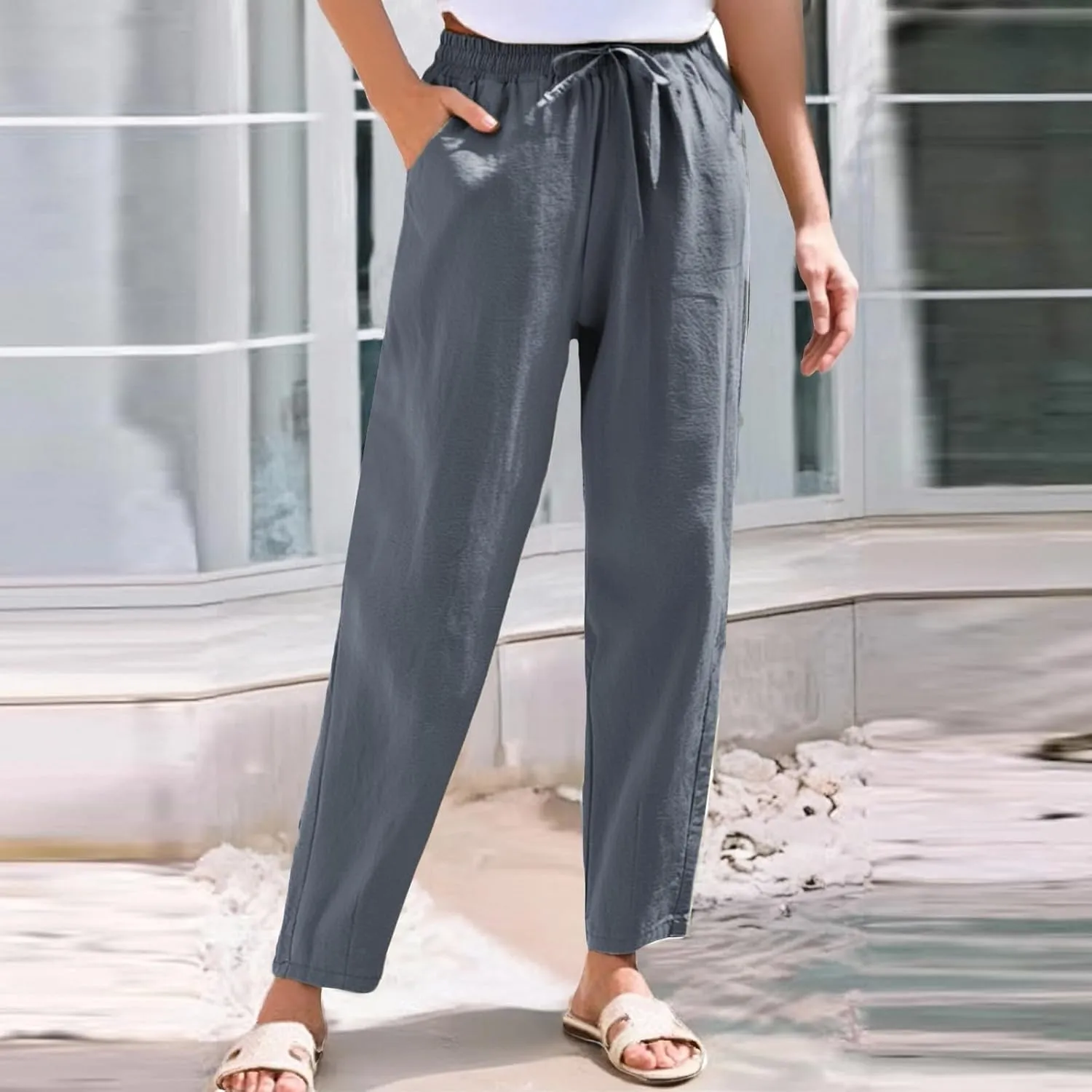 Womens Linen Pants Straight Leg Trousers 2025 Summer Casual Elastic Drawstring Pant Cotton Beach Lounge with Pocket