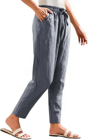 Womens Linen Pants Straight Leg Trousers 2025 Summer Casual Elastic Drawstring Pant Cotton Beach Lounge with Pocket