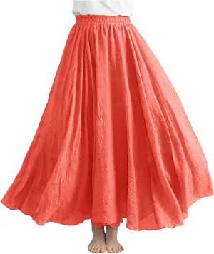 Womens Linen Skirt 2025 Summer Fashion Casual Elastic High Waist Long Skirts Pleated A-Line Flowy Swing Skirt