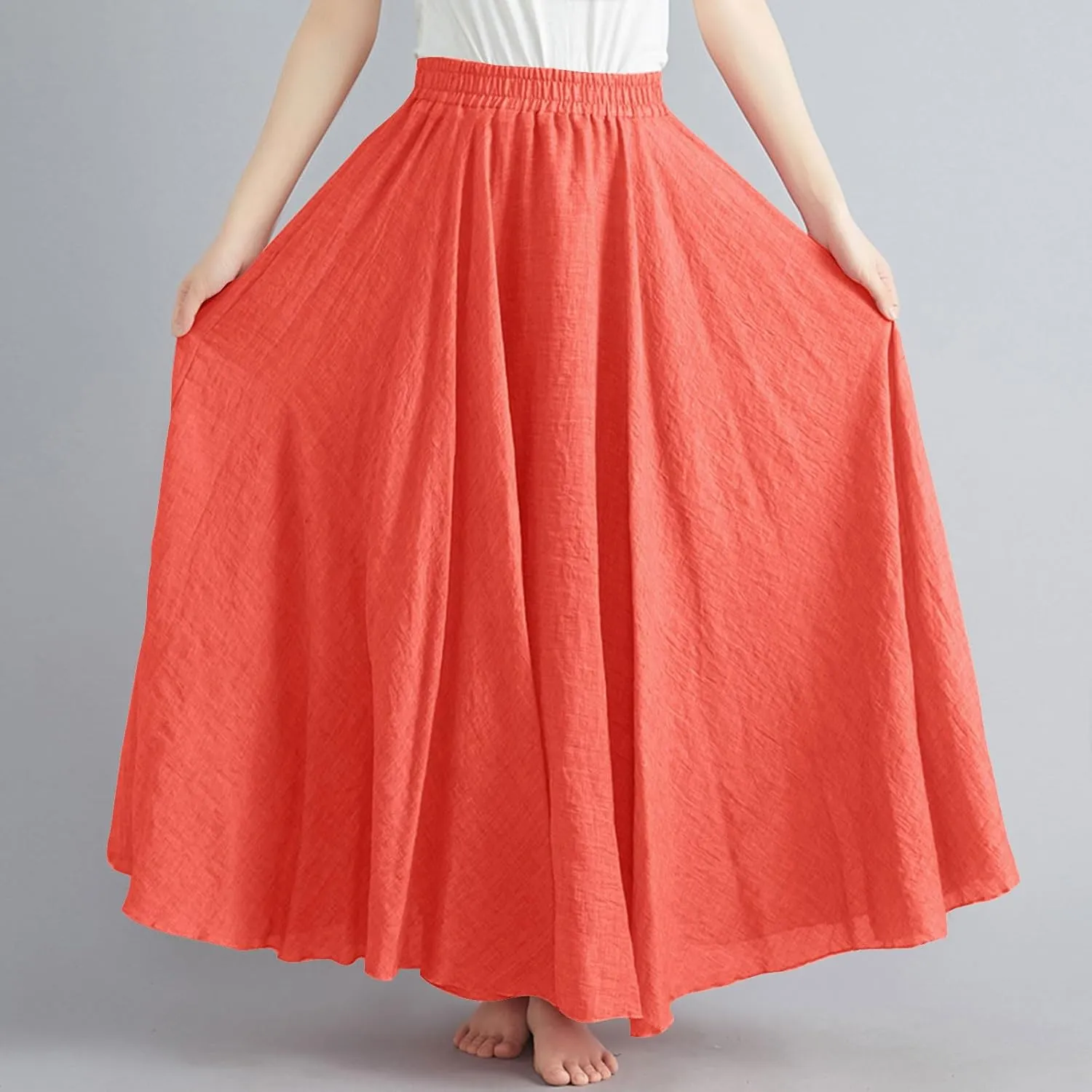 Womens Linen Skirt 2025 Summer Fashion Casual Elastic High Waist Long Skirts Pleated A-Line Flowy Swing Skirt