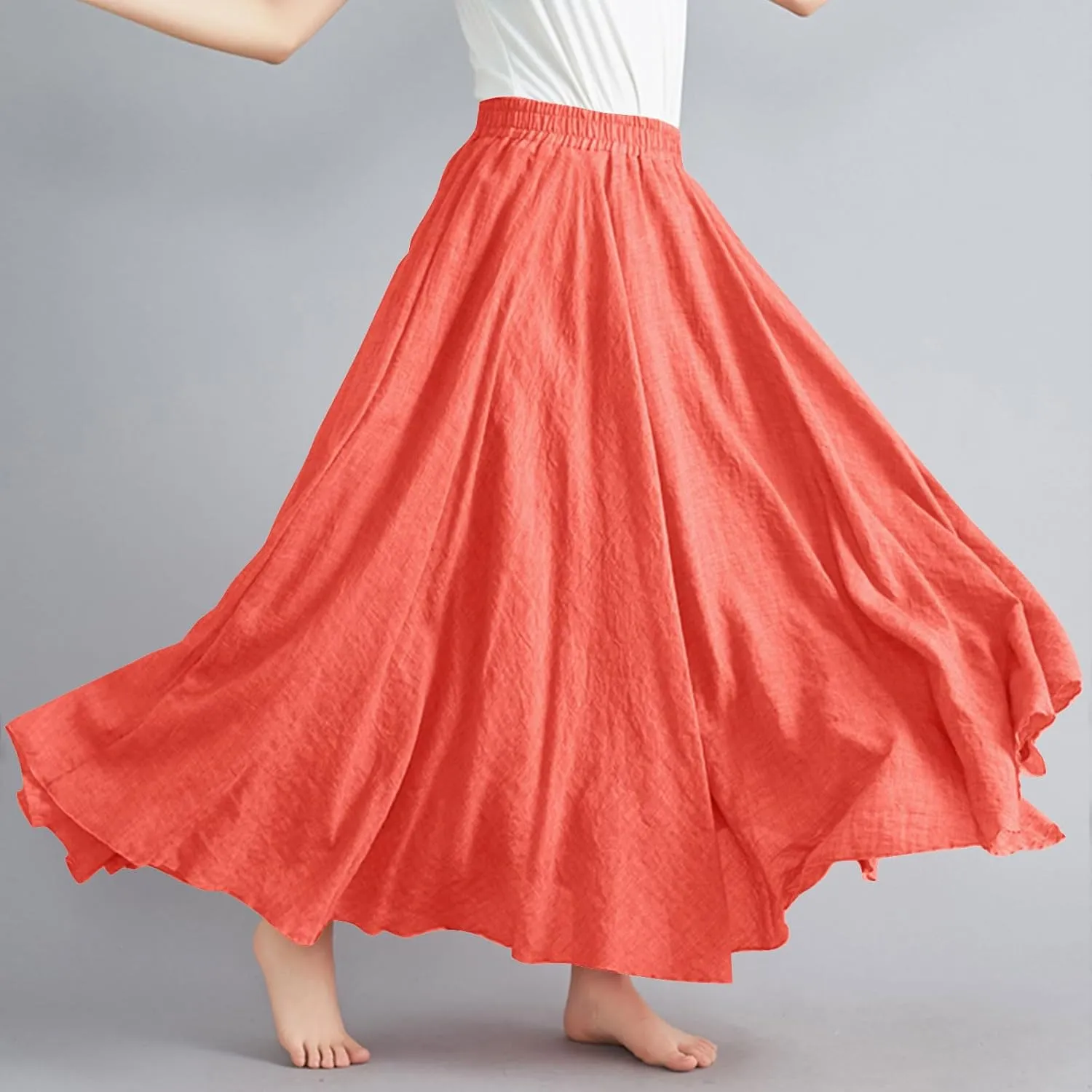 Womens Linen Skirt 2025 Summer Fashion Casual Elastic High Waist Long Skirts Pleated A-Line Flowy Swing Skirt