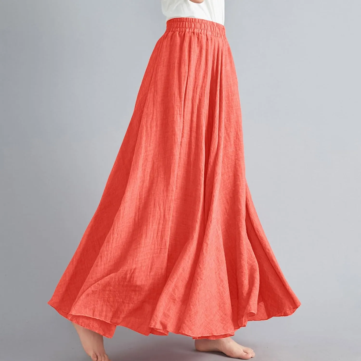 Womens Linen Skirt 2025 Summer Fashion Casual Elastic High Waist Long Skirts Pleated A-Line Flowy Swing Skirt