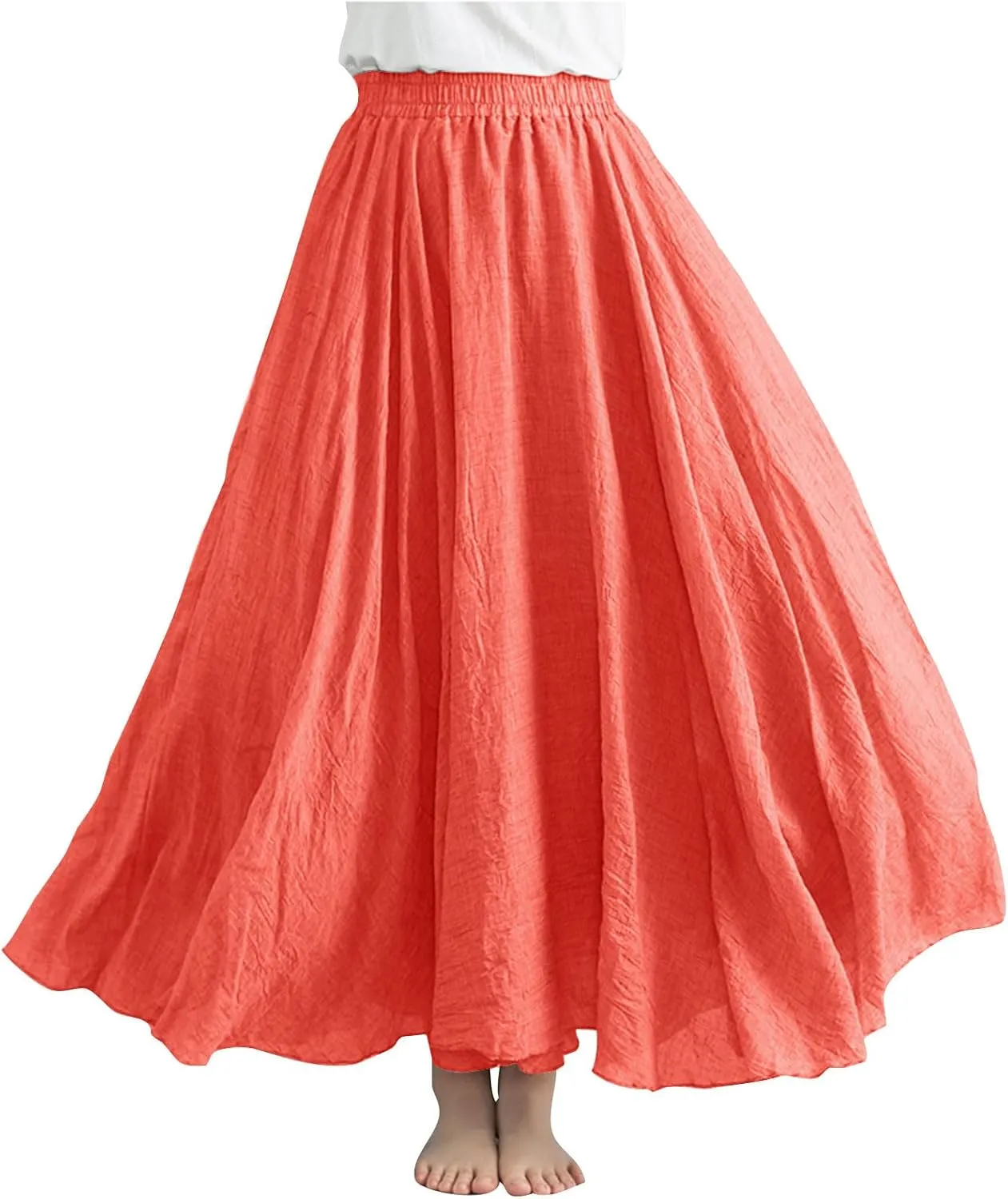 Womens Linen Skirt 2025 Summer Fashion Casual Elastic High Waist Long Skirts Pleated A-Line Flowy Swing Skirt
