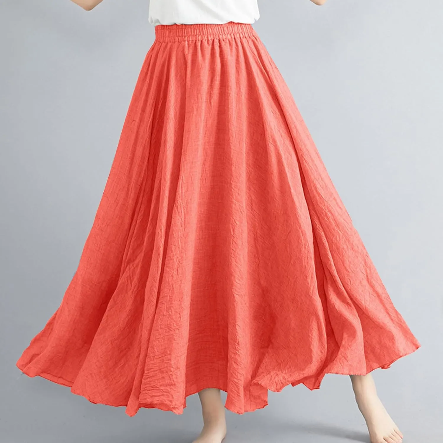 Womens Linen Skirt 2025 Summer Fashion Casual Elastic High Waist Long Skirts Pleated A-Line Flowy Swing Skirt