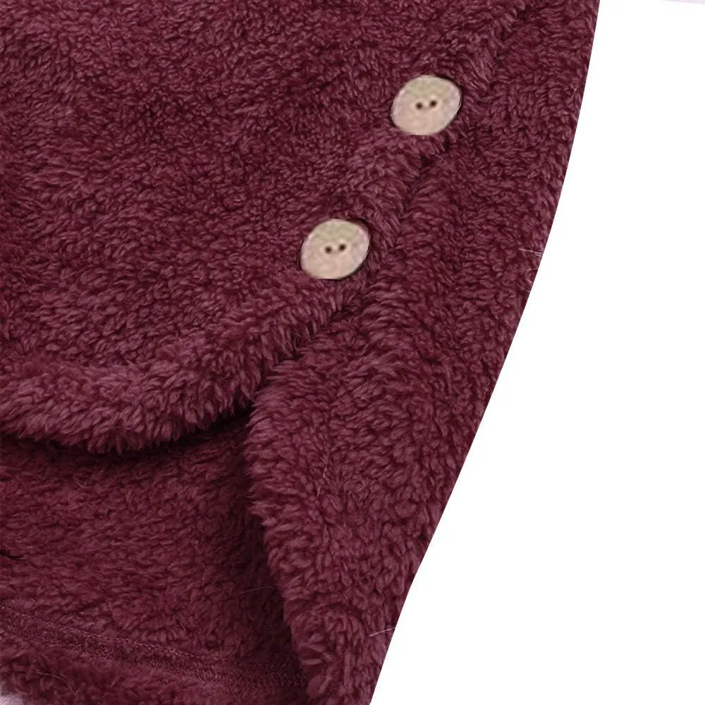 Women's Long Sleeve Hoodies Coat Cat Ear Cap Plush Tops Casual Loose Plus Size Button Stitching Pullover Sweaters