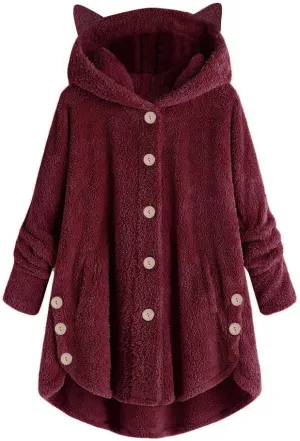 Women's Long Sleeve Hoodies Coat Cat Ear Cap Plush Tops Casual Loose Plus Size Button Stitching Pullover Sweaters