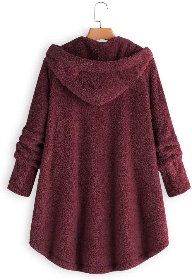 Women's Long Sleeve Hoodies Coat Cat Ear Cap Plush Tops Casual Loose Plus Size Button Stitching Pullover Sweaters