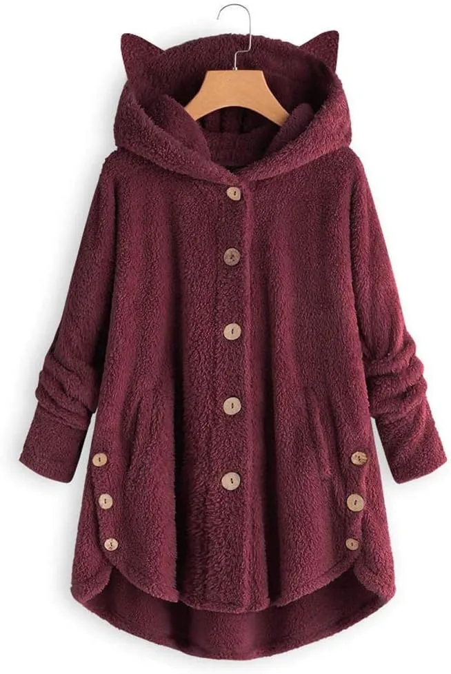 Women's Long Sleeve Hoodies Coat Cat Ear Cap Plush Tops Casual Loose Plus Size Button Stitching Pullover Sweaters
