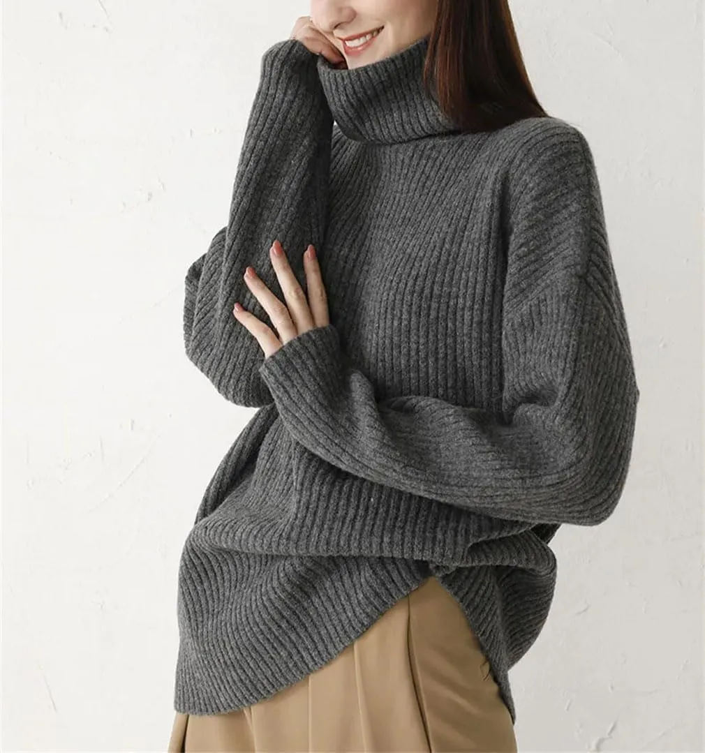 Women's Loose Fit Oversized Sweater Turtleneck Sleeve Ribbing Knitted Pullovers Casual Drop Shoulder Solid Knitted Sweaters