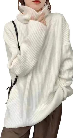 Women's Loose Fit Oversized Sweater Turtleneck Sleeve Ribbing Knitted Pullovers Casual Drop Shoulder Solid Knitted Sweaters