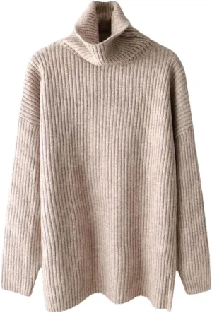 Women's Loose Fit Oversized Sweater Turtleneck Sleeve Ribbing Knitted Pullovers Casual Drop Shoulder Solid Knitted Sweaters