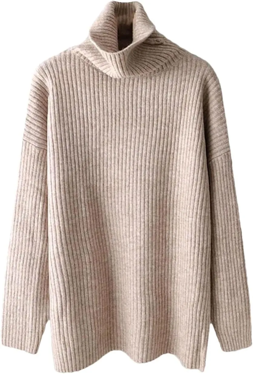 Women's Loose Fit Oversized Sweater Turtleneck Sleeve Ribbing Knitted Pullovers Casual Drop Shoulder Solid Knitted Sweaters