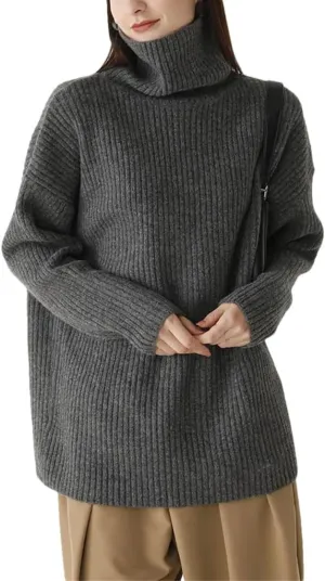 Women's Loose Fit Oversized Sweater Turtleneck Sleeve Ribbing Knitted Pullovers Casual Drop Shoulder Solid Knitted Sweaters