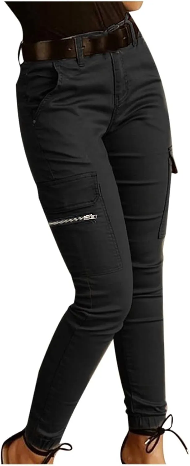 Women's Mid Waist Skinny Jogger Flap Pocket Motorcycle Western Cargo Pants Solid Color Slim Fit Jeans