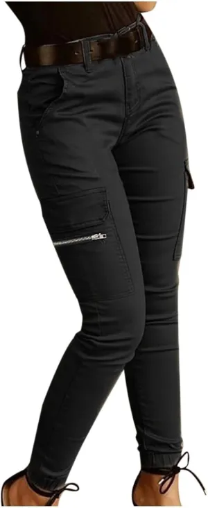 Women's Mid Waist Skinny Jogger Flap Pocket Motorcycle Western Cargo Pants Solid Color Slim Fit Jeans