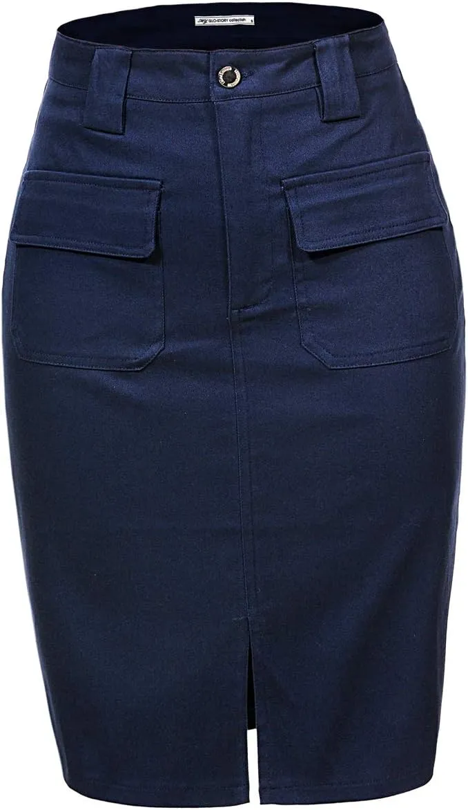 Women's Midi Knee Length Workout Cotton Pencil Skirts with Front Pockets and Slit