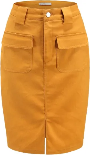 Women's Midi Knee Length Workout Cotton Pencil Skirts with Front Pockets and Slit