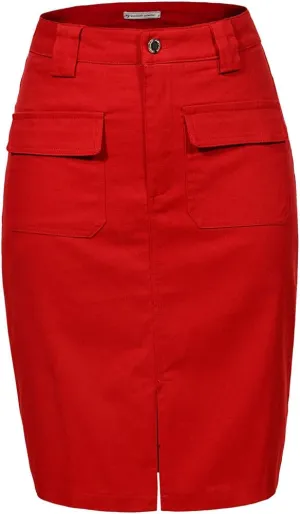 Women's Midi Knee Length Workout Cotton Pencil Skirts with Front Pockets and Slit