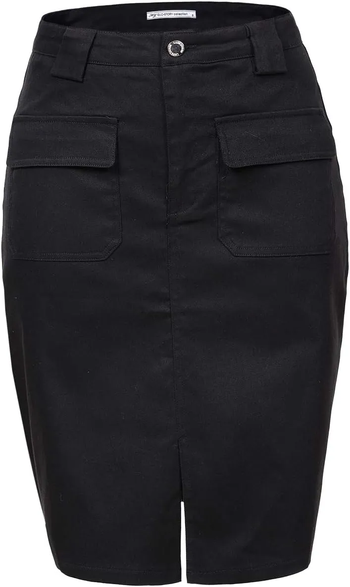 Women's Midi Knee Length Workout Cotton Pencil Skirts with Front Pockets and Slit