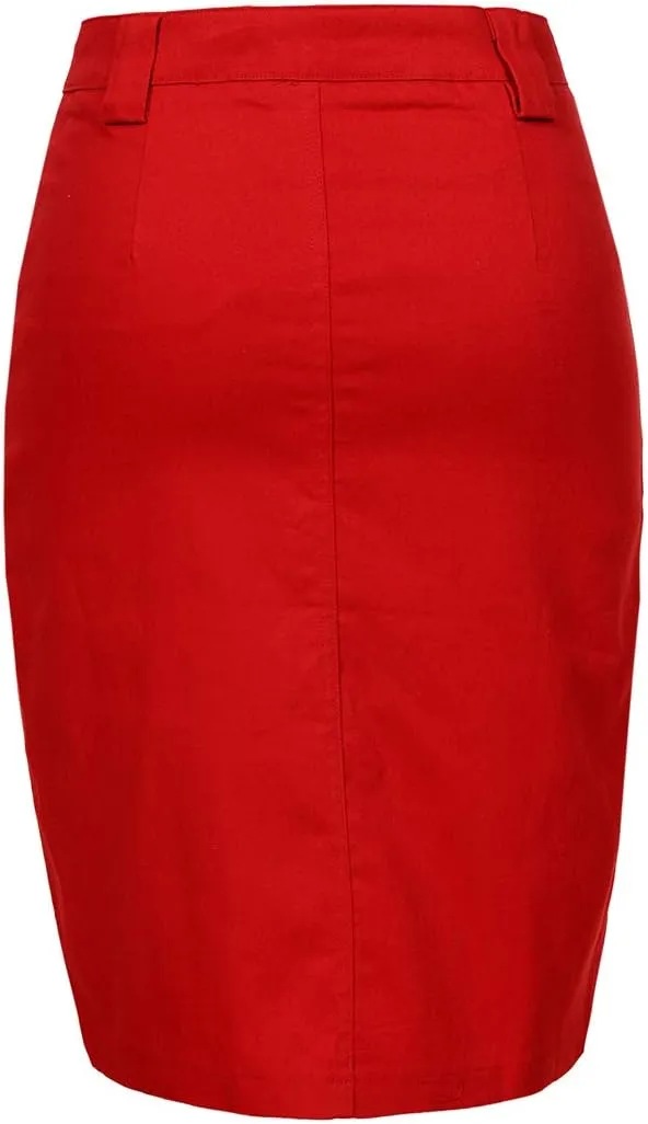 Women's Midi Knee Length Workout Cotton Pencil Skirts with Front Pockets and Slit
