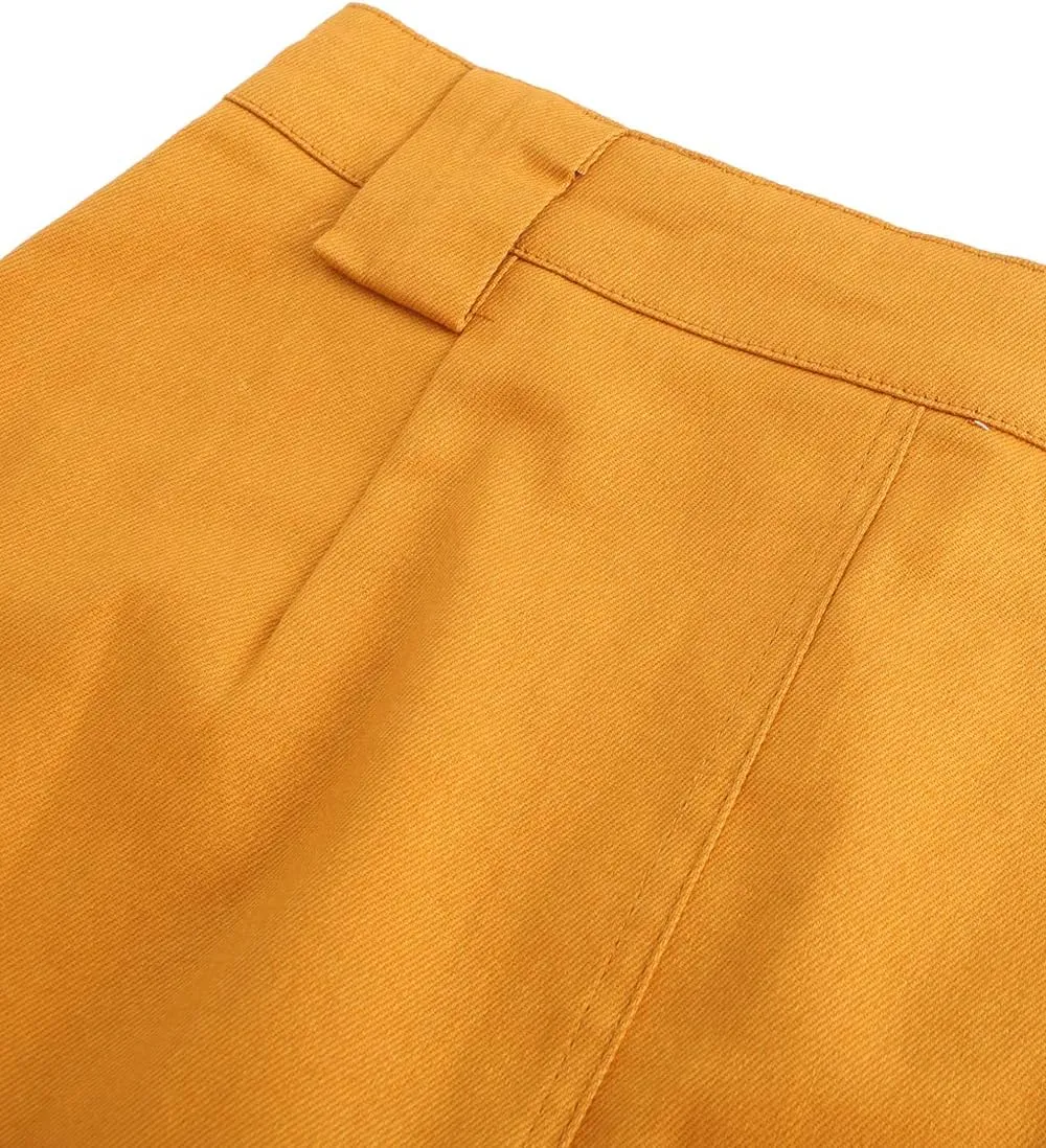 Women's Midi Knee Length Workout Cotton Pencil Skirts with Front Pockets and Slit