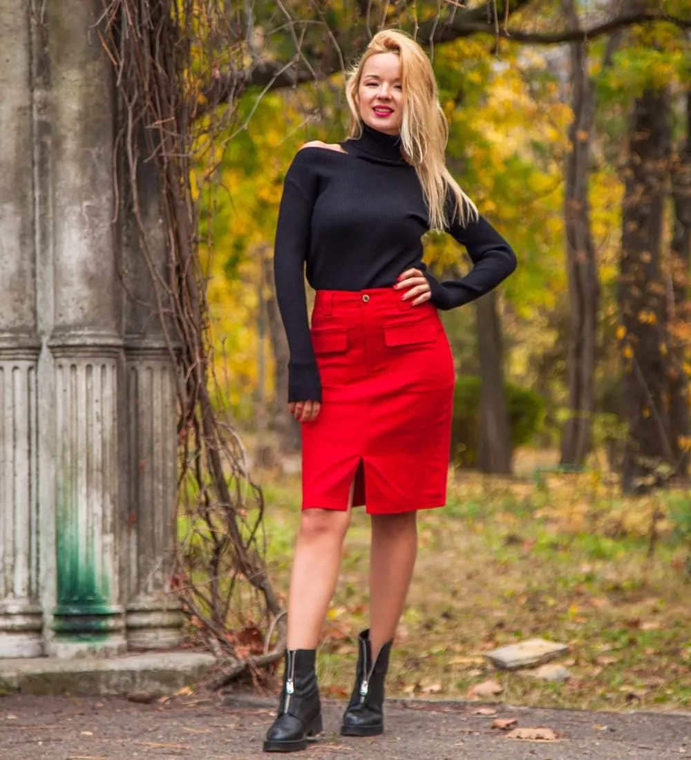 Women's Midi Knee Length Workout Cotton Pencil Skirts with Front Pockets and Slit