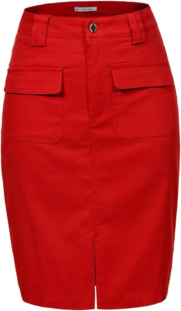 Women's Midi Knee Length Workout Cotton Pencil Skirts with Front Pockets and Slit