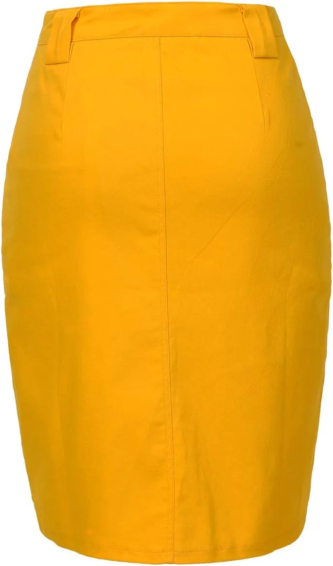 Women's Midi Knee Length Workout Cotton Pencil Skirts with Front Pockets and Slit