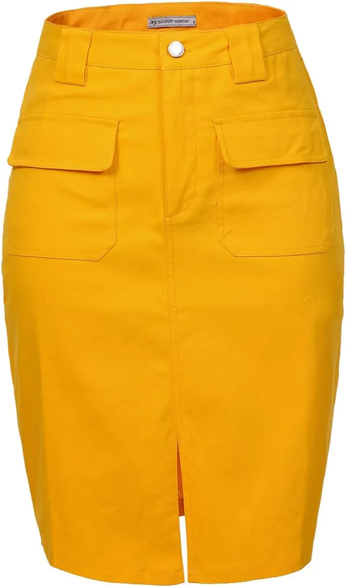 Women's Midi Knee Length Workout Cotton Pencil Skirts with Front Pockets and Slit