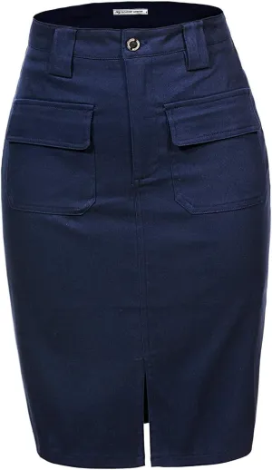 Women's Midi Knee Length Workout Cotton Pencil Skirts with Front Pockets and Slit