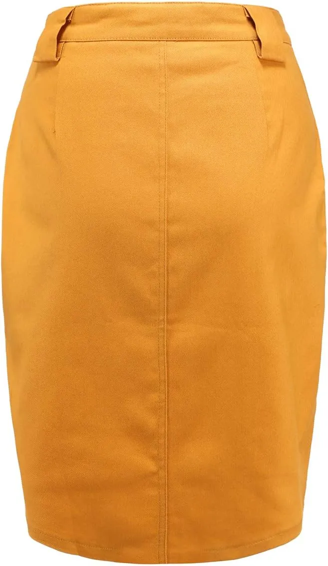 Women's Midi Knee Length Workout Cotton Pencil Skirts with Front Pockets and Slit
